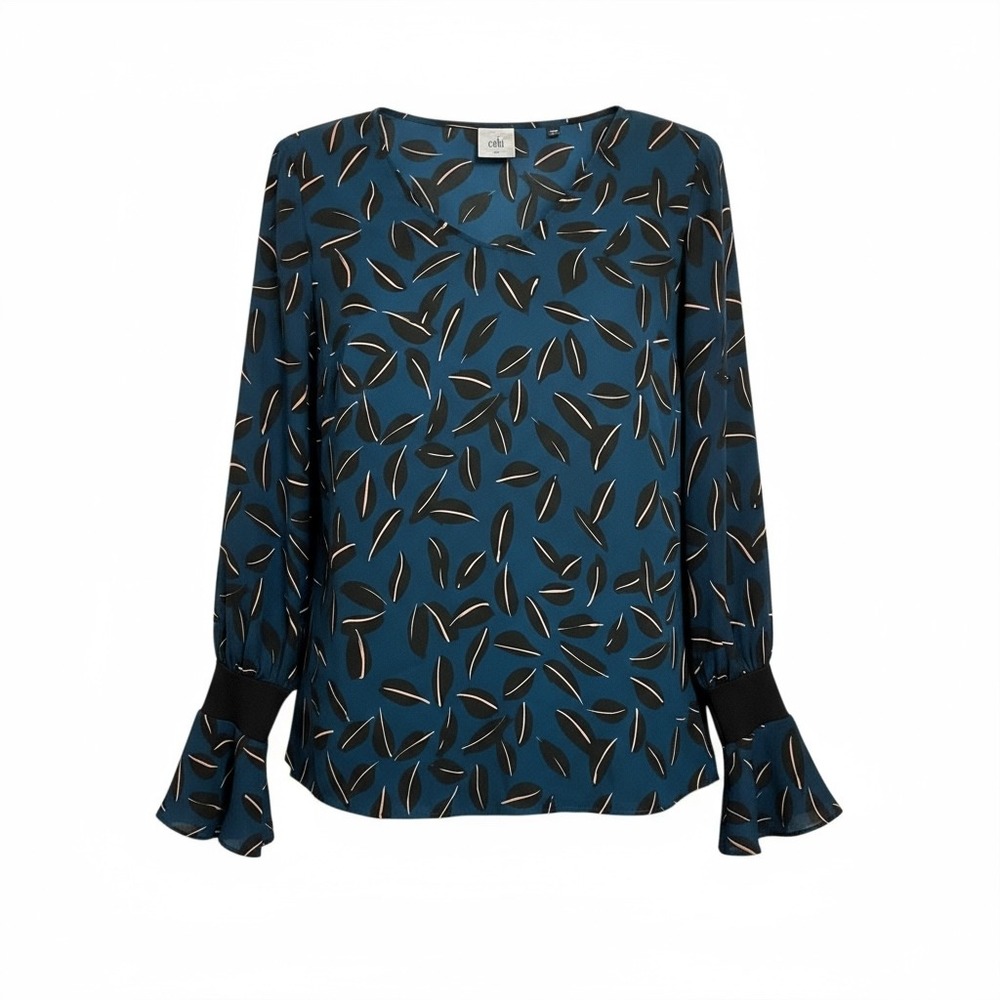 Cabi Teal Leaf Print V Neck Bell Sleeve Blouse Top Women's XS